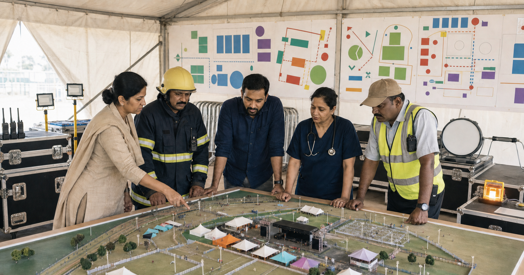Festival organizers and public safety officials inspect a site model and emergency equipment in a temporary operations room.