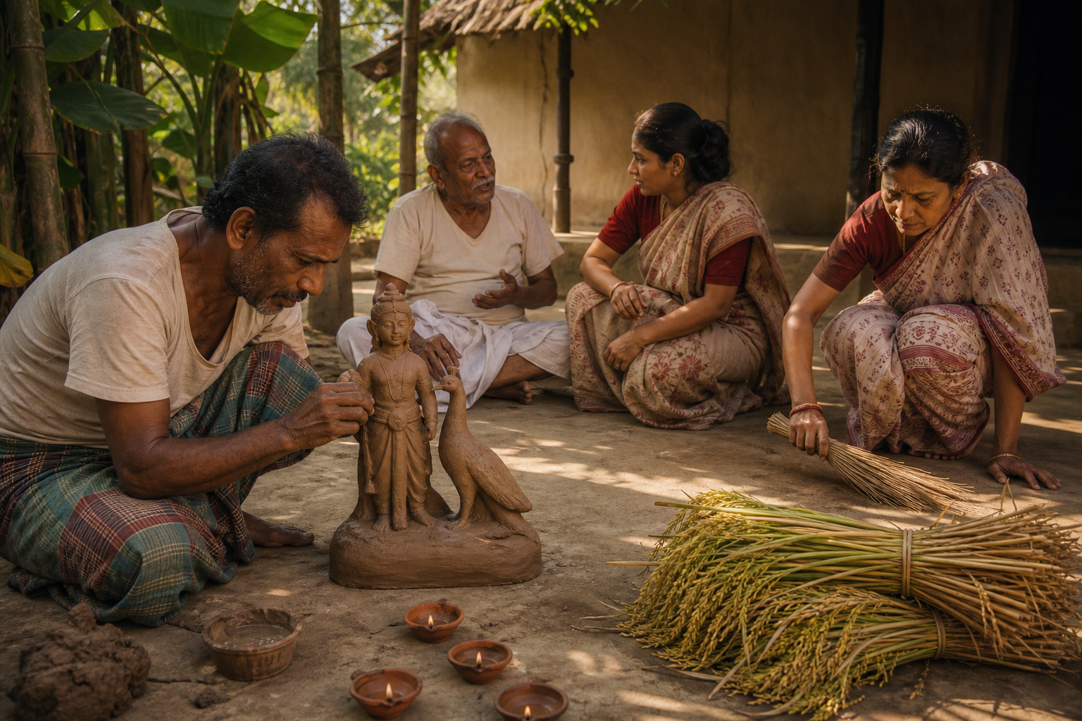 An artisan and Bengali family prepare a courtyard with a small clay image of Kartikeya, earthen lamps, and freshly cut paddy while an elder guides a younger adult.