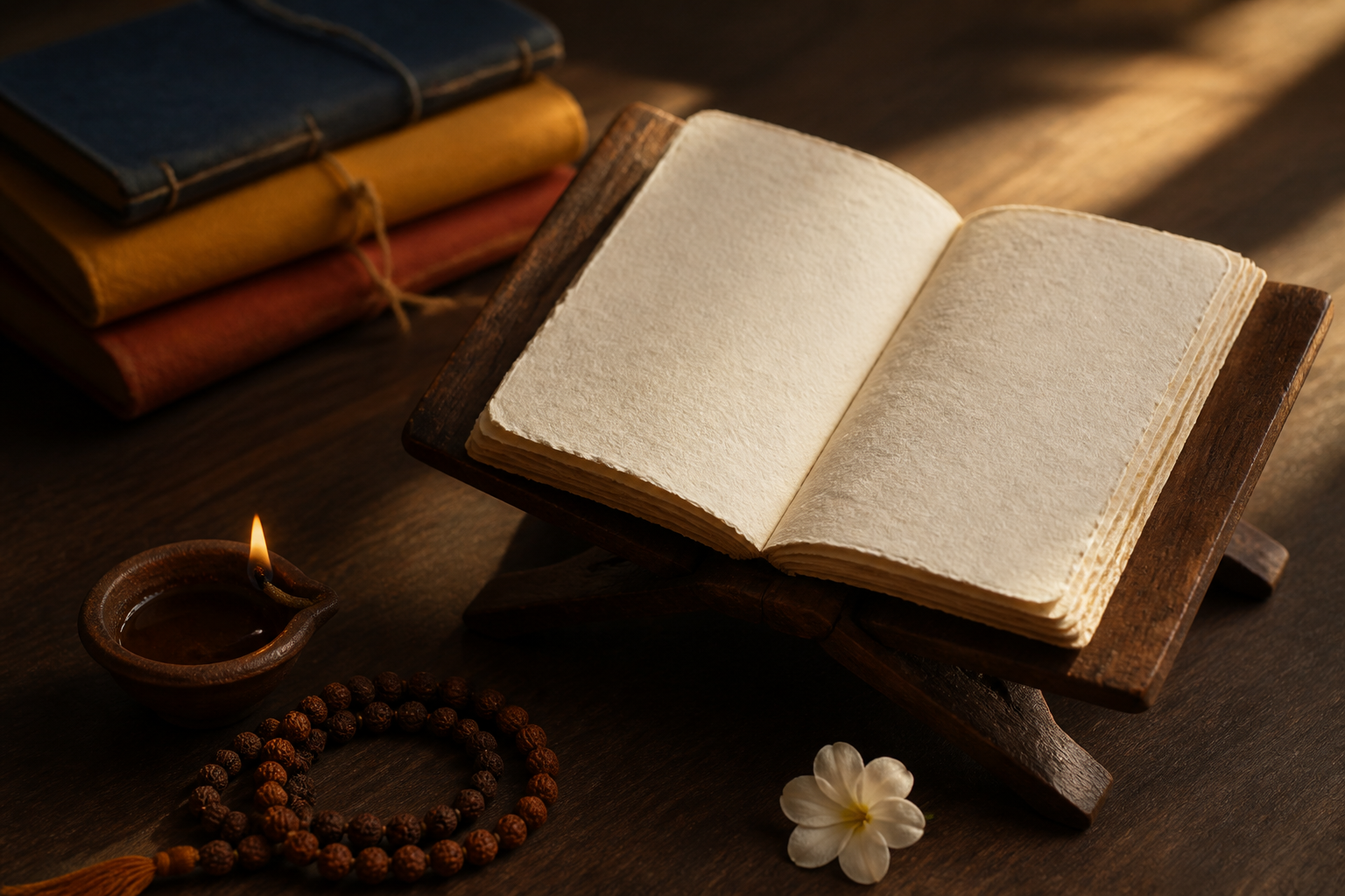 A single blank handmade folio rests on a wooden stand in warm light, with closed cloth-wrapped volumes, prayer beads, a flower, and an oil lamp nearby.