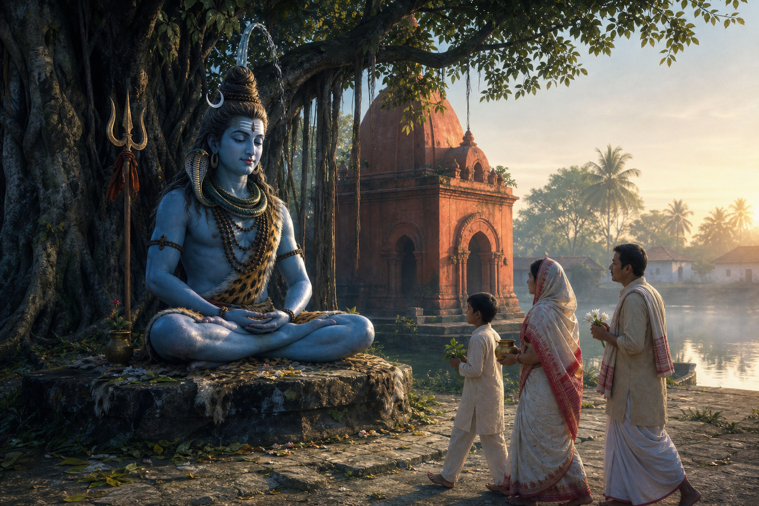 A gentle depiction of Shiva seated beneath a banyan tree near a Bengali terracotta temple as a family approaches with water, bael leaves, and flowers.