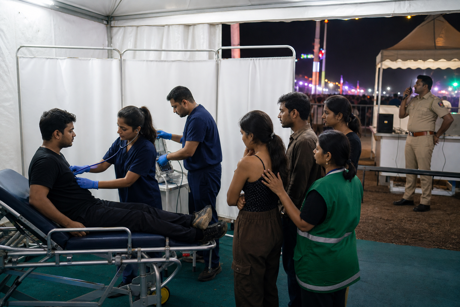 Clinicians assist a conscious festival attendee in a private medical area while a police liaison officer remains at a separate post outside.