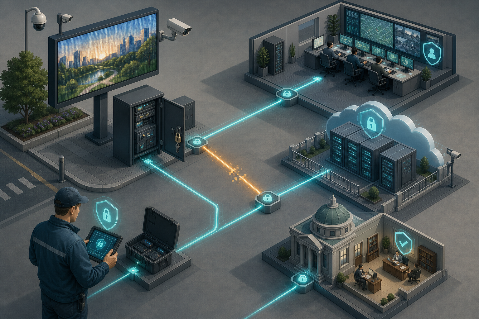 An isometric view connects a roadside LED board with its controller, technician, vendor operations room, server facility and civic office.