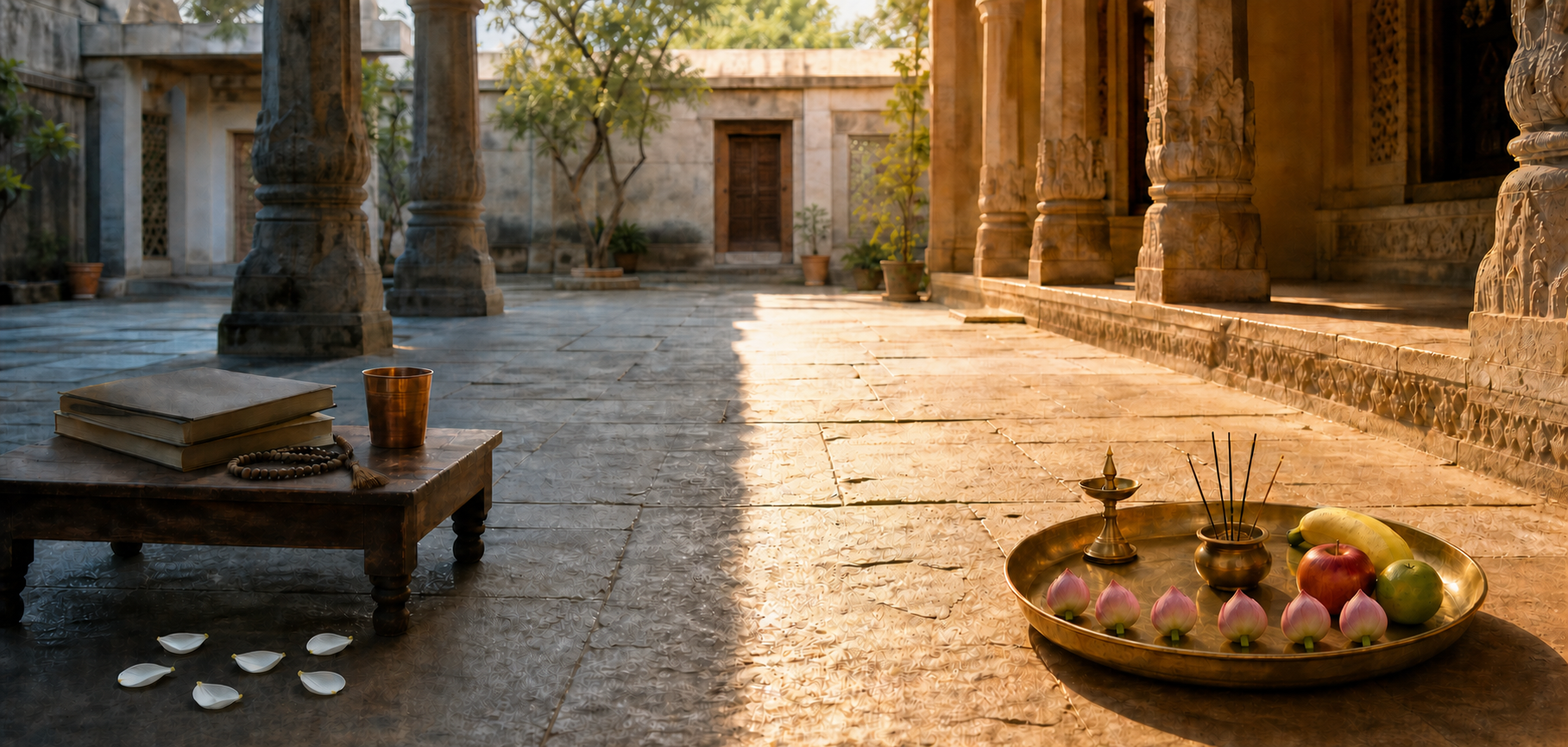 A continuous courtyard scene moves from a morning study setting across a band of midday sunlight to an afternoon worship tray.