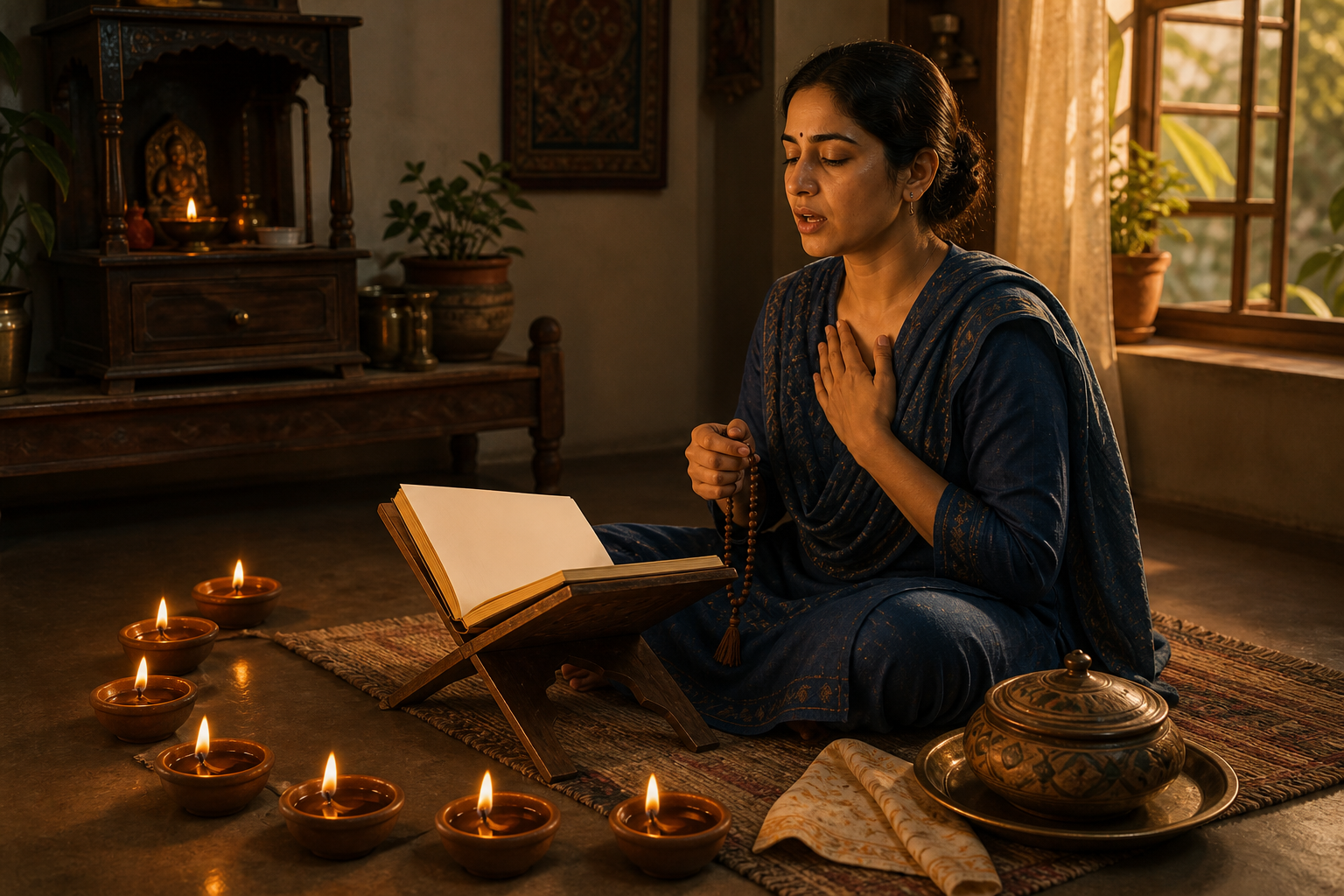 A practitioner recites beside an unmarked folio while seven clay lamps, prayer beads, and a prepared food bowl suggest a repeated devotional practice.