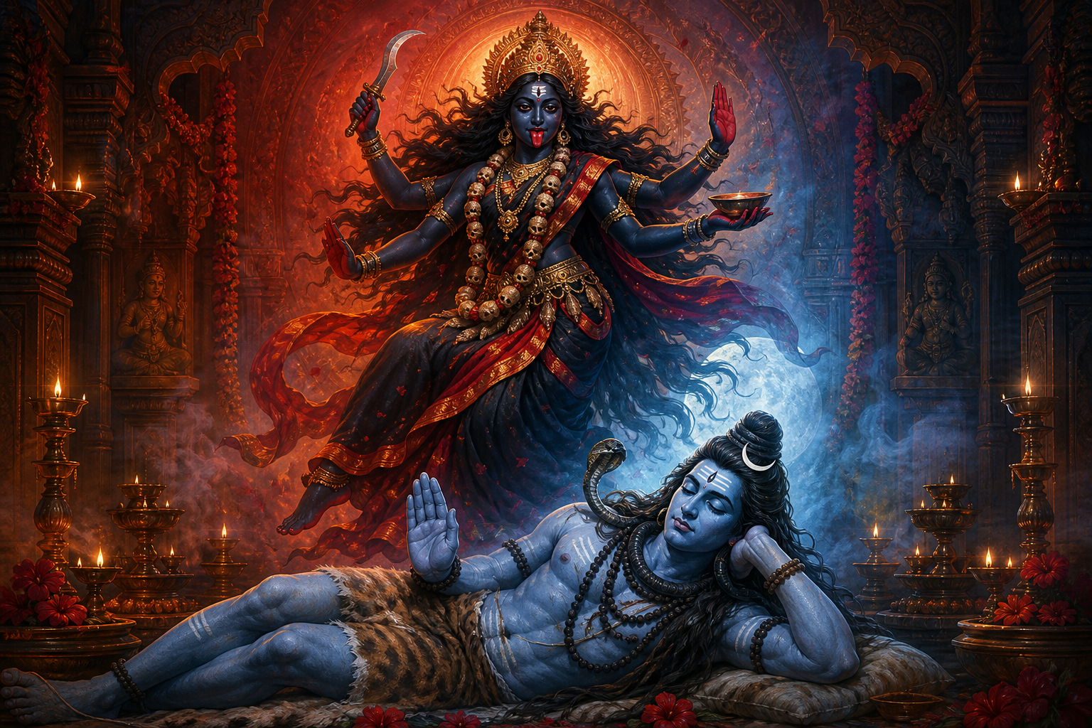 Kali appears in an energetic pose above the serenely resting Shiva, with warm red light around Kali and cool blue light around Shiva.