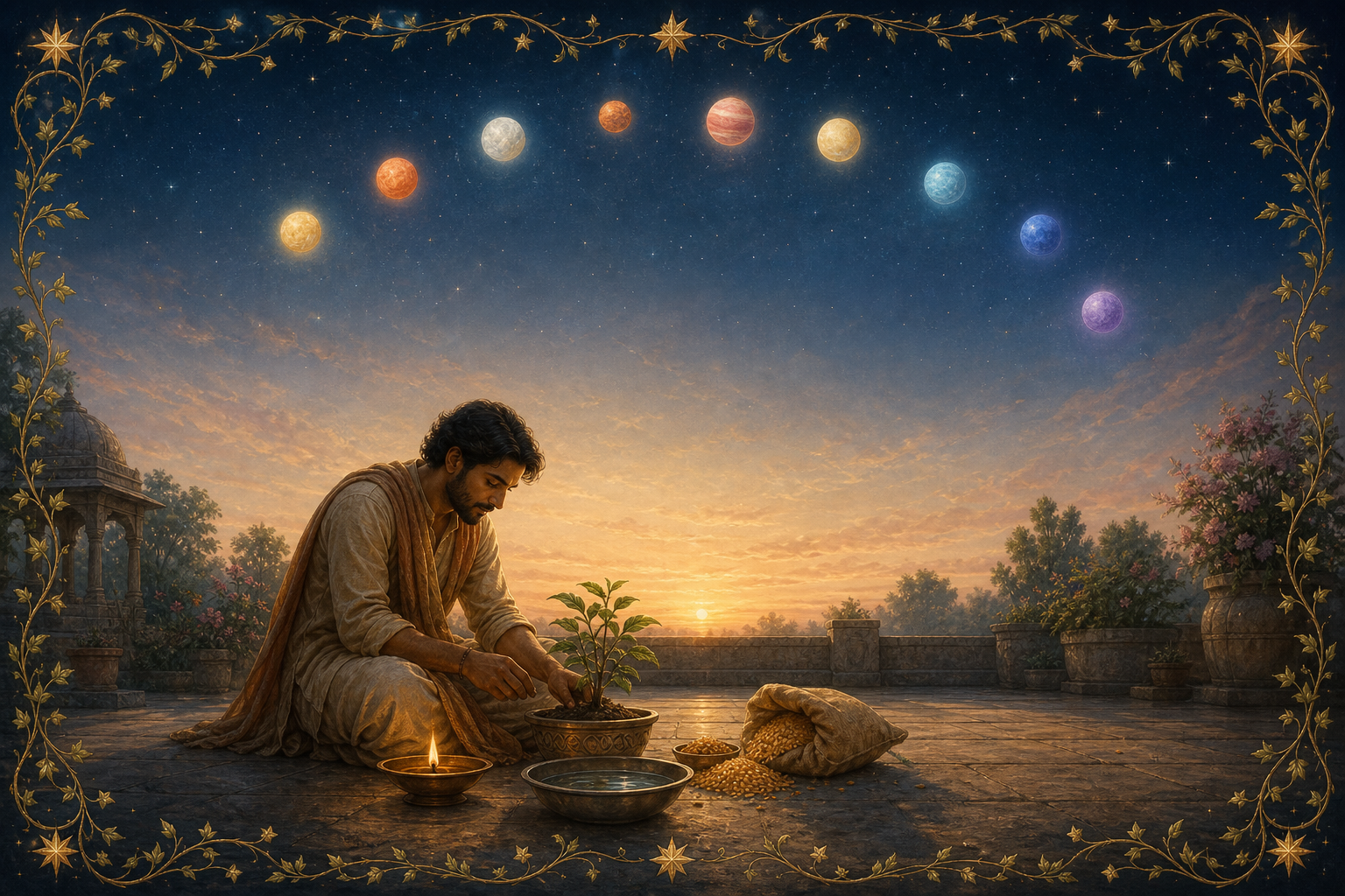 A person in a dawn courtyard tends a plant beside a lamp, water, and grain while nine colored celestial lights glow overhead.