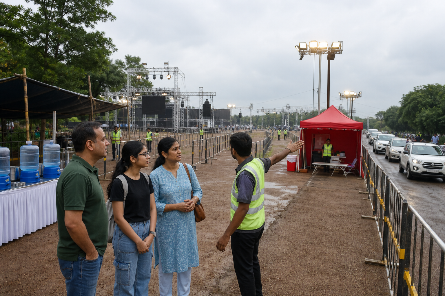 Parents and their college-age daughter inspect a festival entrance with water, first-aid, lighting and emergency-access facilities.