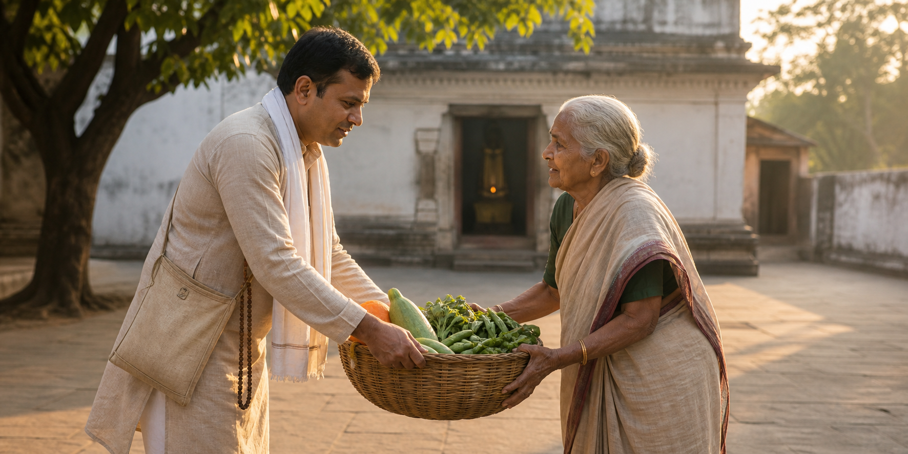 A devotee leaving a temple courtyard helps an elderly neighbor carry a heavy vegetable basket in the morning light.