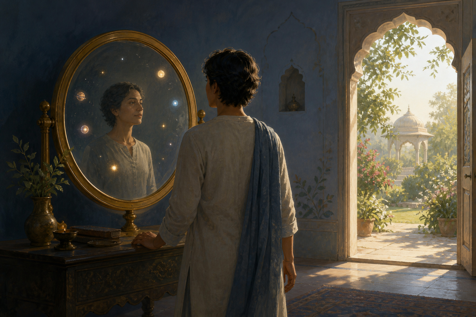 A calm person looks into a brass mirror reflecting celestial lights beside an open doorway to a sunlit garden.