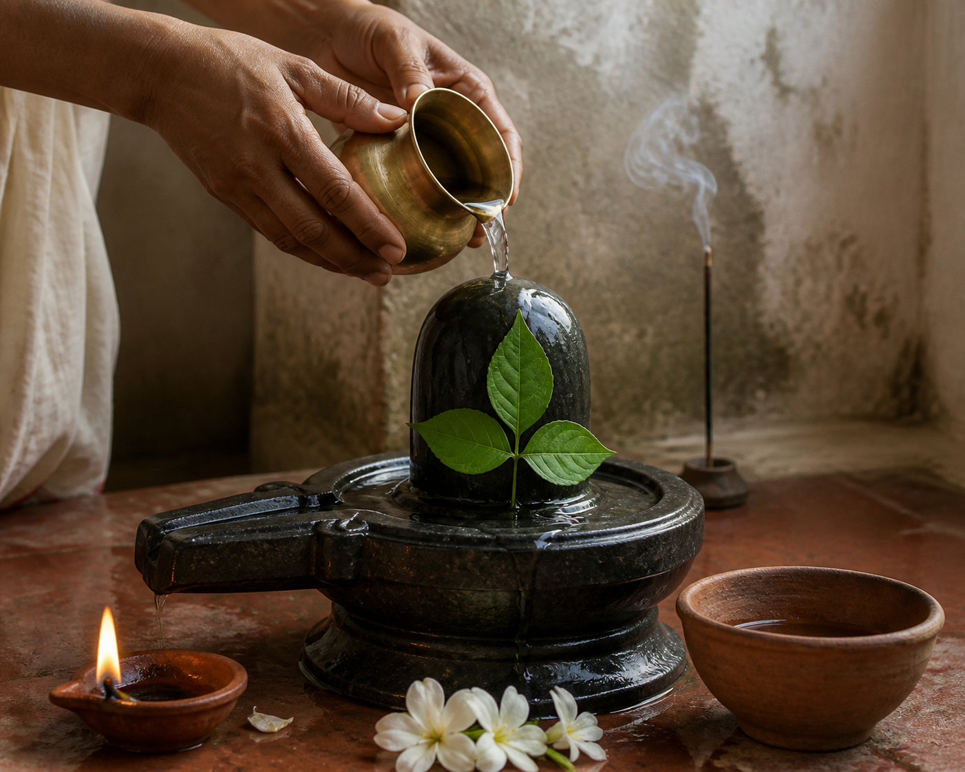 Hands pour water from a brass vessel over a stone Shiva linga decorated with bael leaves and white flowers in a modest shrine.