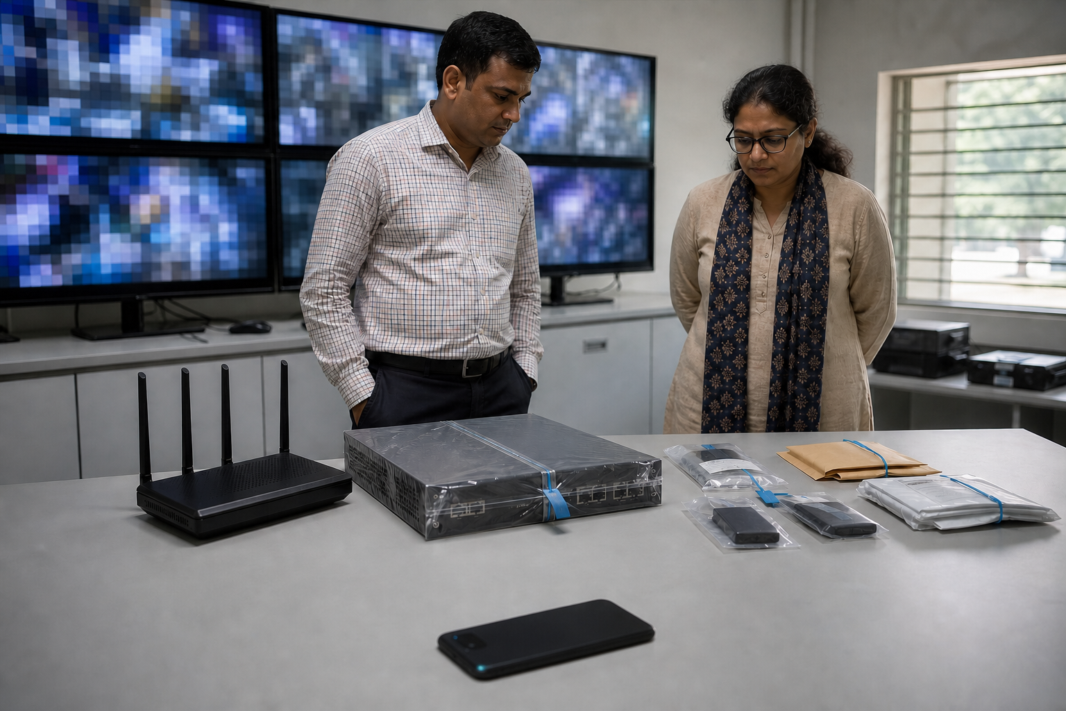 An official and an independent observer review sealed electronic evidence while a face-down smartphone rests in the foreground.