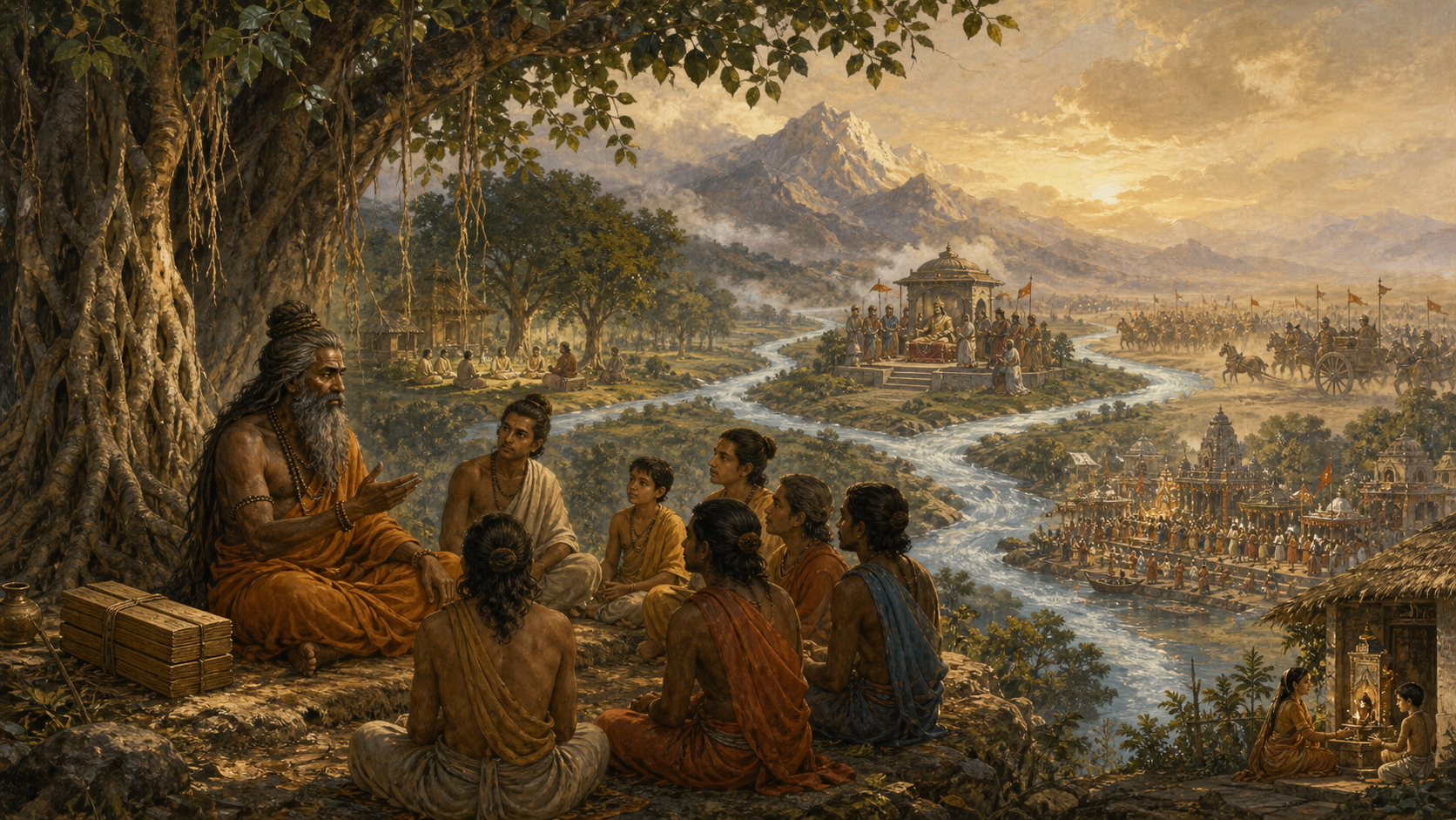 Traditional depiction of Veda Vyasa teaching students beneath a banyan tree as a river flows toward a court, battlefield, temple festival, and household shrine.