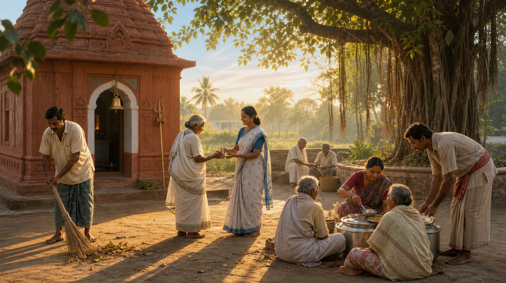 People beside a small Bengali Shiva shrine sweep the courtyard, offer water to an elder, and serve a simple meal to villagers.