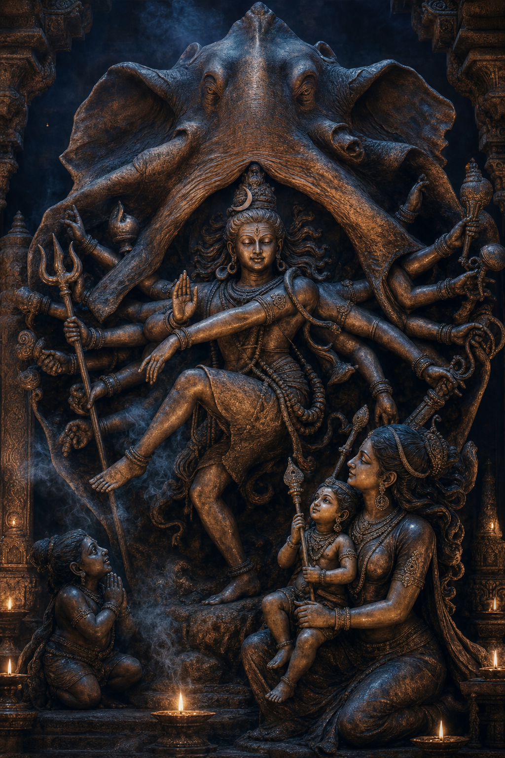 Dancing Shiva holds an elephant hide above Parvati, the child Skanda, and a small attendant in a warmly lit temple setting.