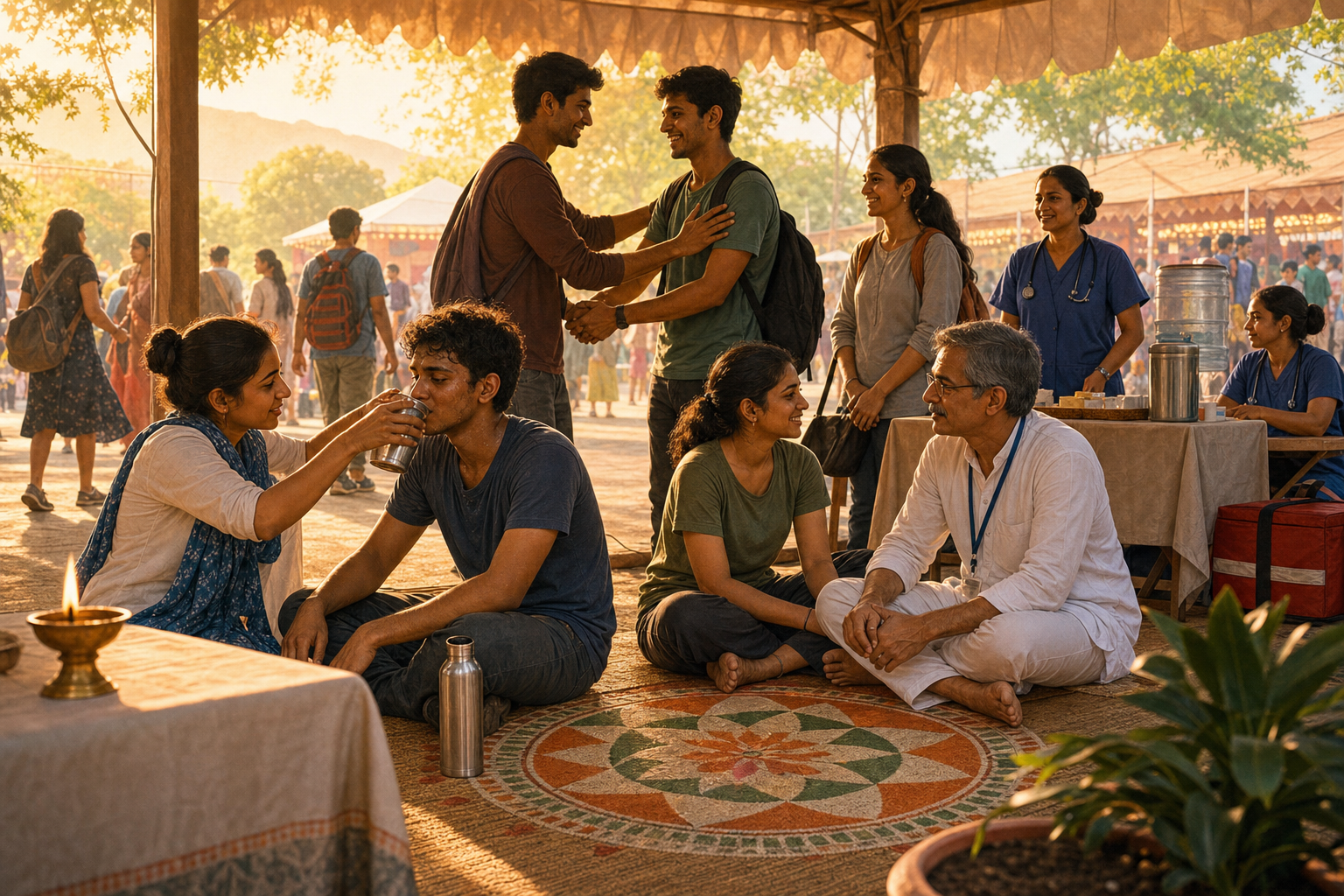 Festival volunteers provide water, rest and calm assistance to young attendees beside a small oil lamp and geometric floor pattern.