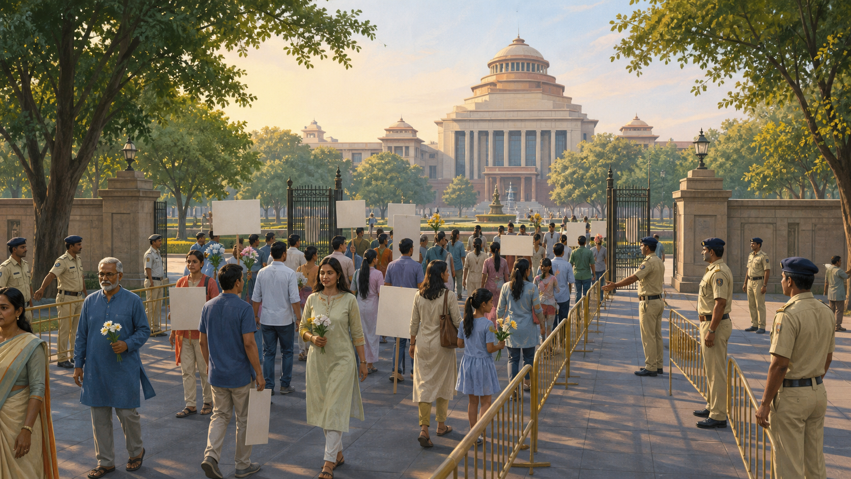 A peaceful procession moves through guided barriers toward an open civic square as public-safety officers stand along the route and a courthouse appears in the background.