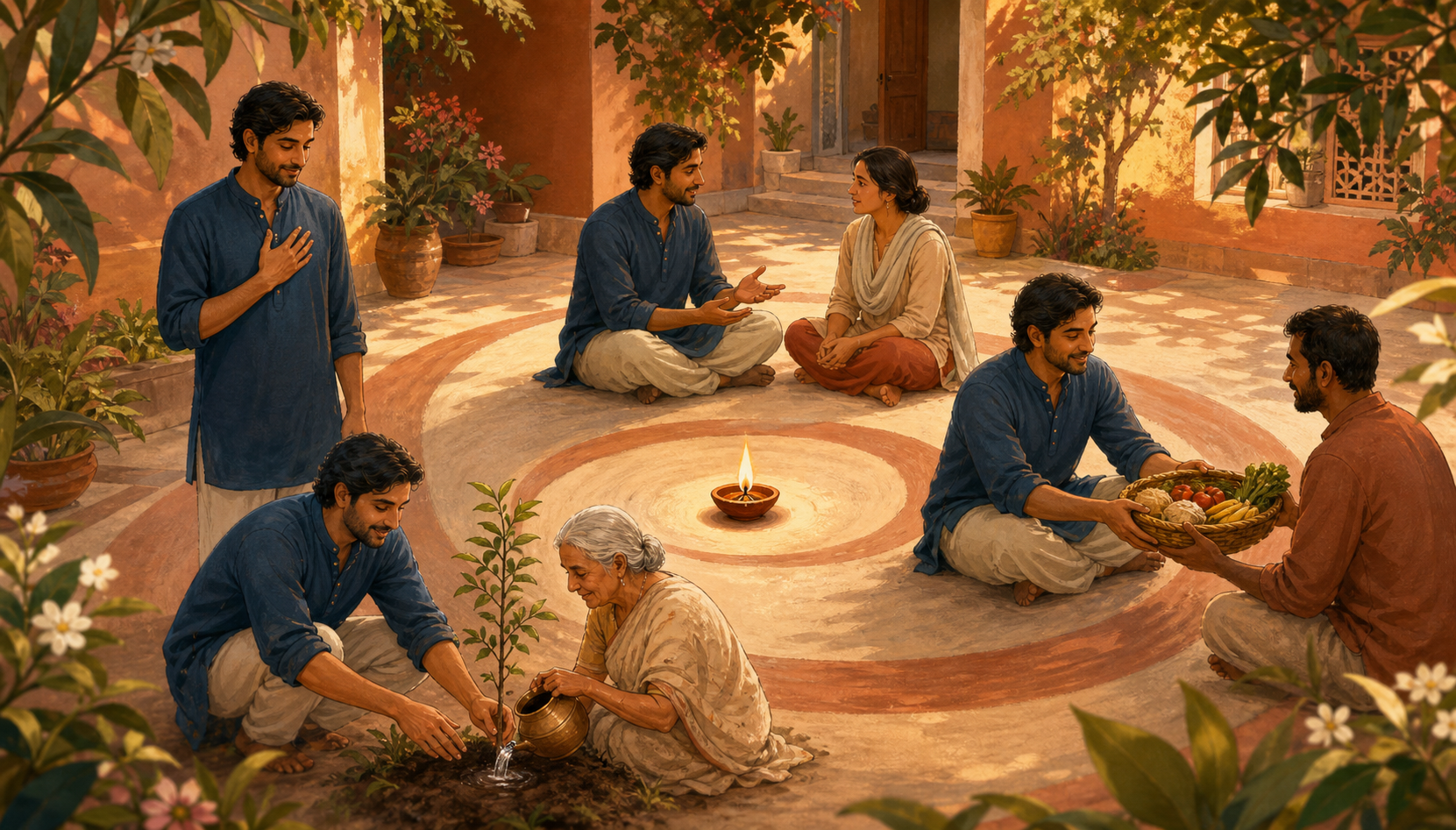 A four-part courtyard scene shows a person pausing, speaking openly, sharing food, and helping an older adult water a sapling.