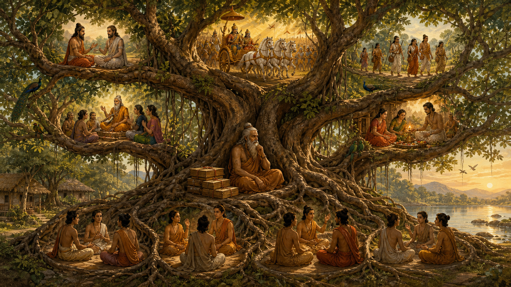 A large banyan tree connects groups practicing oral recitation with scenes of philosophical dialogue, royal life, pilgrimage, storytelling, and household ritual.