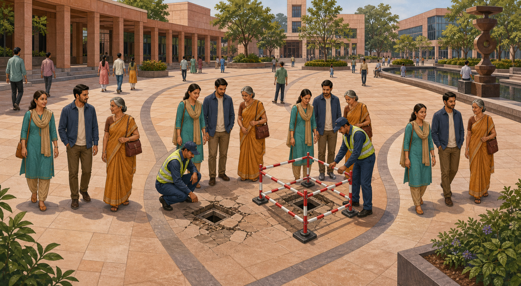 Four connected scenes show a peaceful gathering, an official inspecting a route hazard, a barrier confined to the hazardous area, and participants continuing along an open alternative path.