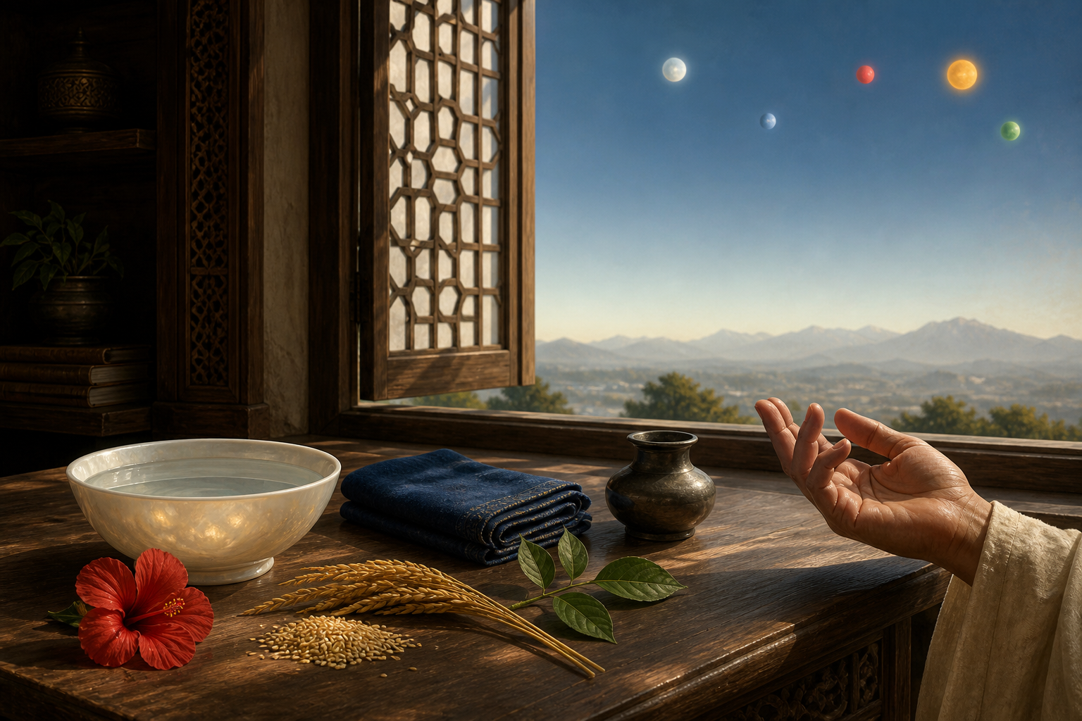 Colored vessels, flowers, grain, leaves, and cloth rest on a wooden table beneath distant celestial lights of similar colors.