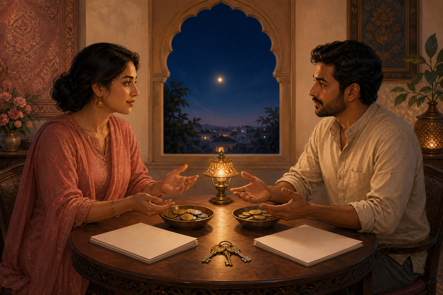 Two adults discuss shared coins, keys, and blank papers at a round table while a bright evening planet glows outside.