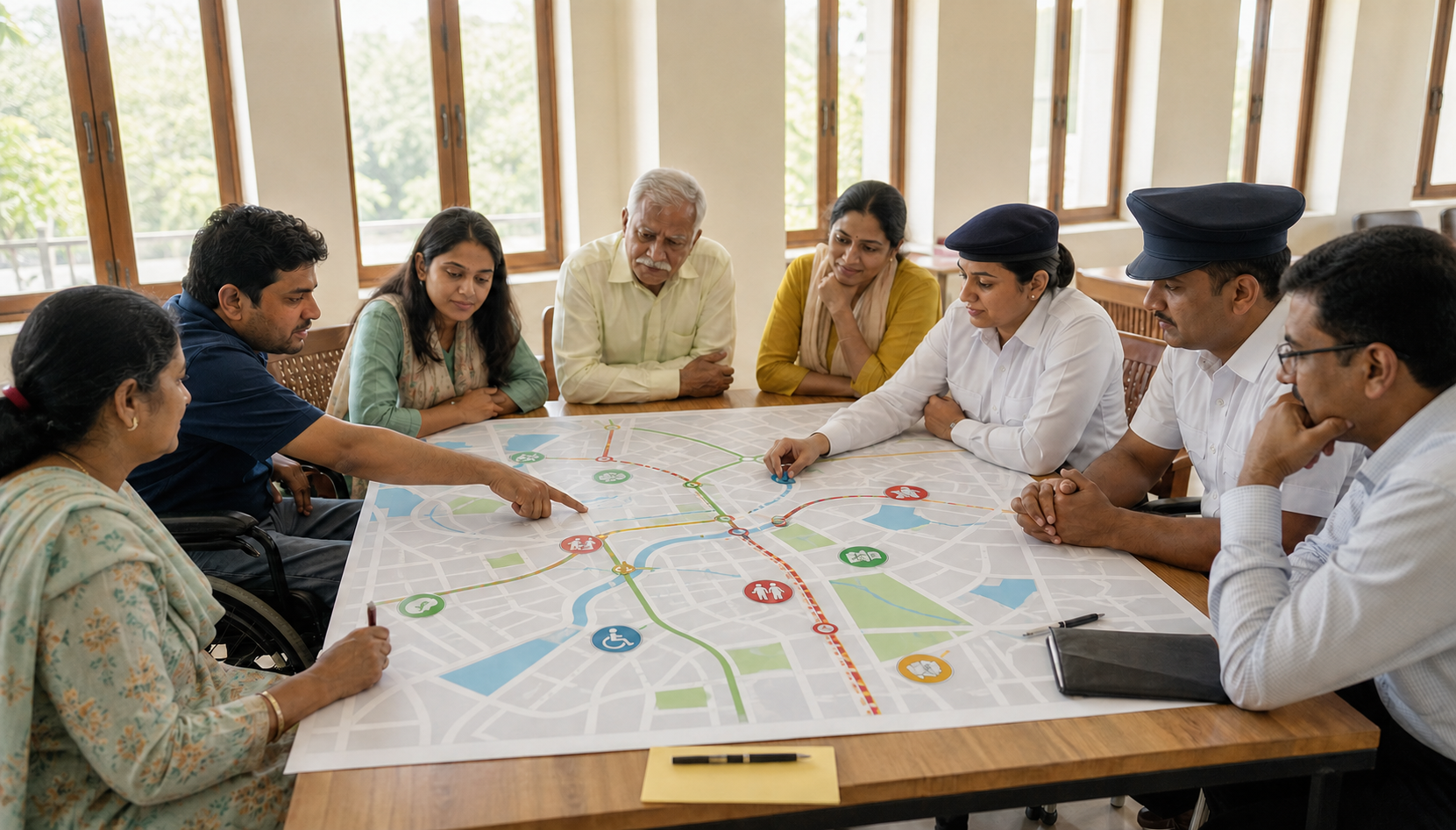 Community organizers and public officials gather around a tabletop route map showing paths, gathering areas, and an emergency corridor without written labels.
