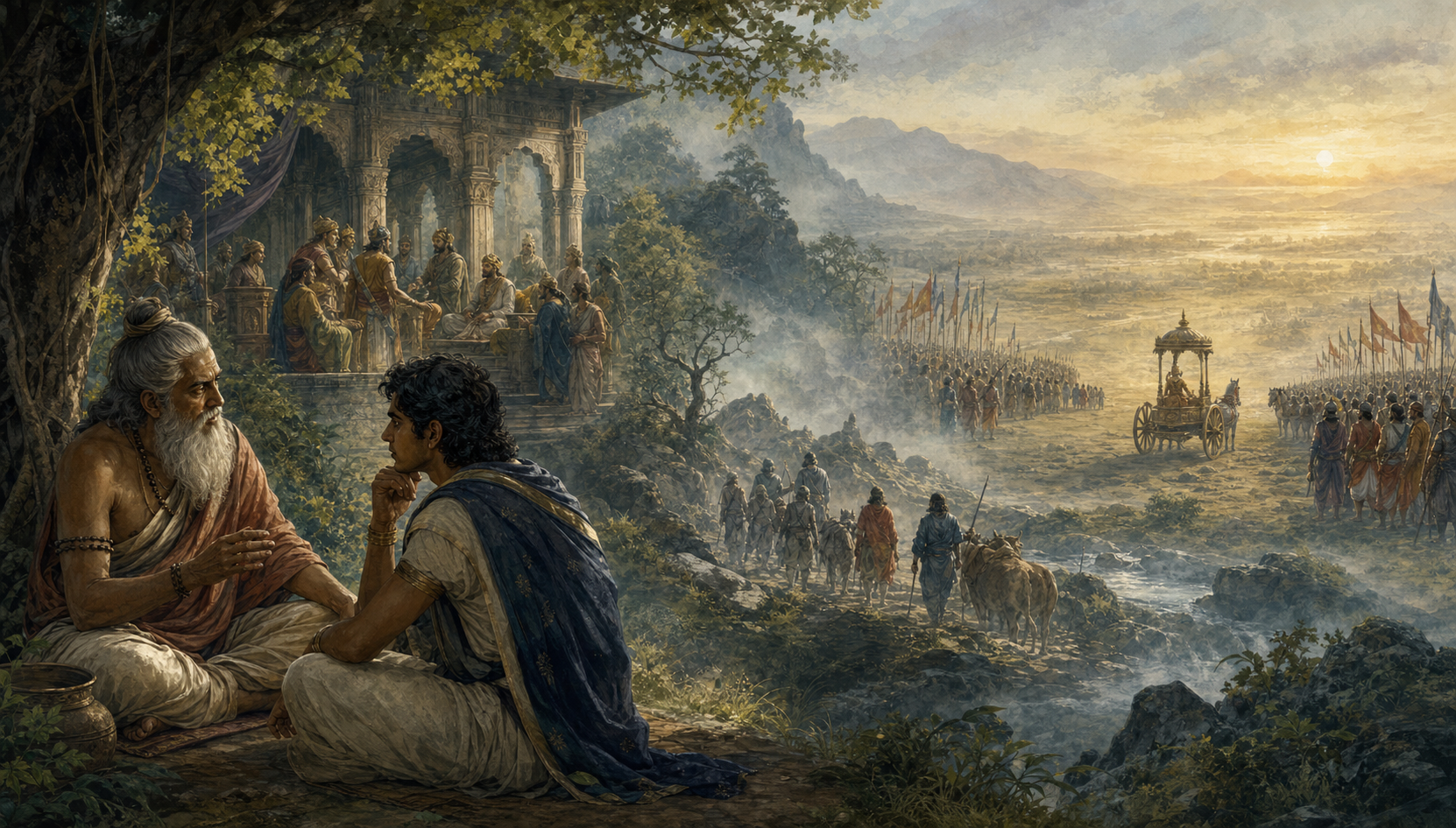 A listener and storyteller overlook connected scenes of a tense royal court, a forest journey, and two armies facing a chariot at dawn.