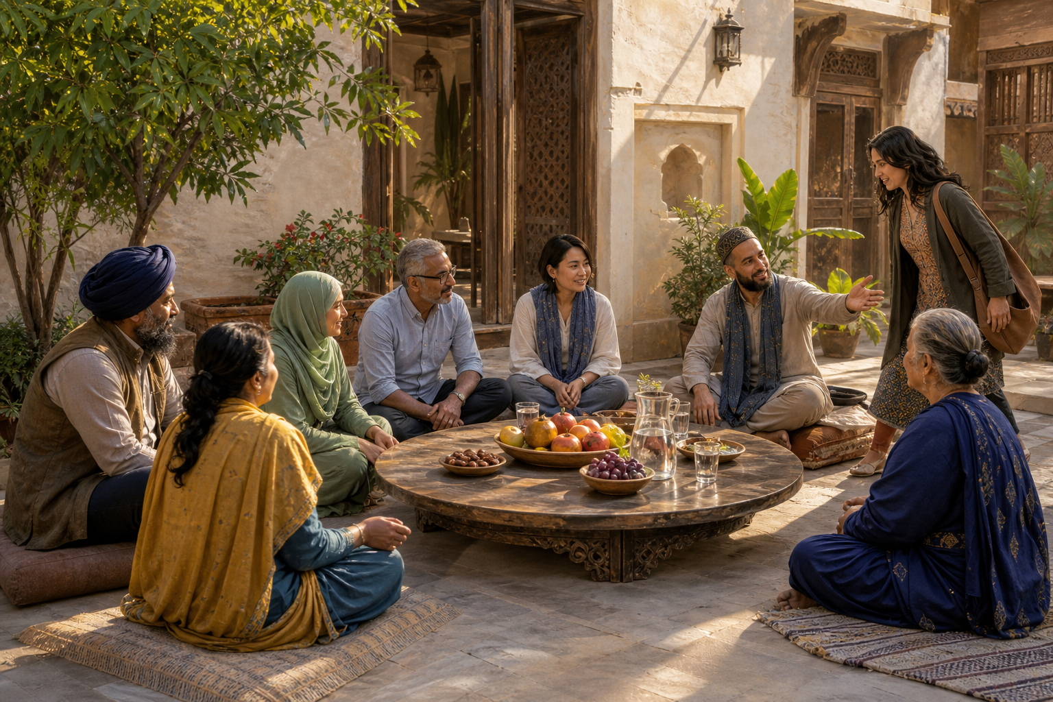A diverse group of adults sits around a circular table in a sunlit courtyard, sharing food and conversation as one person welcomes a newcomer.