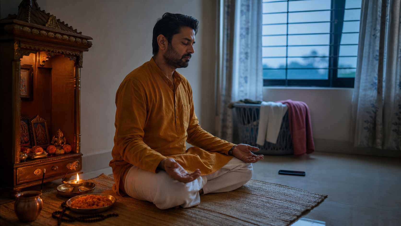 A Hindu practitioner sits quietly beside a small home puja alcove with a lit brass lamp, flowers, a copper vessel, and prayer beads at dawn.