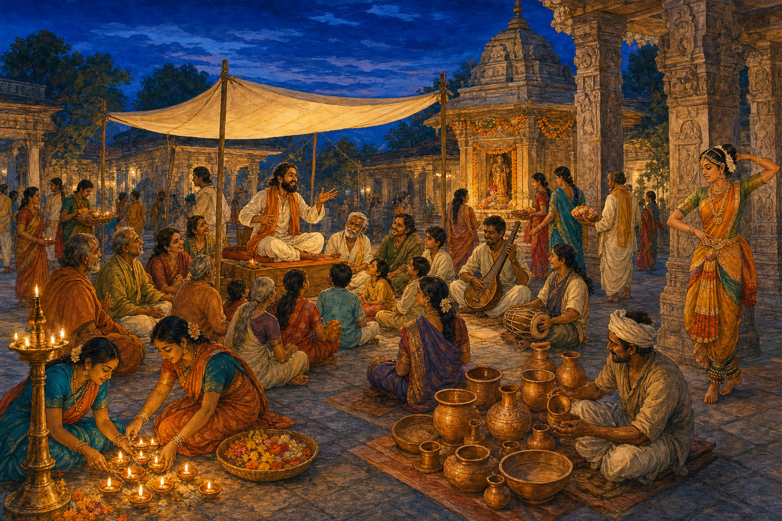 Families, elders, children, musicians, craftspeople, and worshippers gather around a storyteller in a lamp-lit temple courtyard.