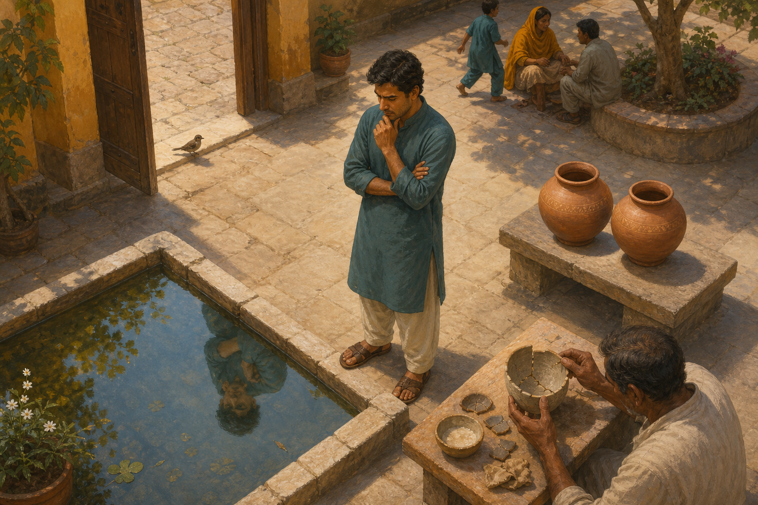 A person pauses in a courtyard surrounded by a bird, a reflective water basin, balanced clay vessels, and hands repairing a cracked bowl.