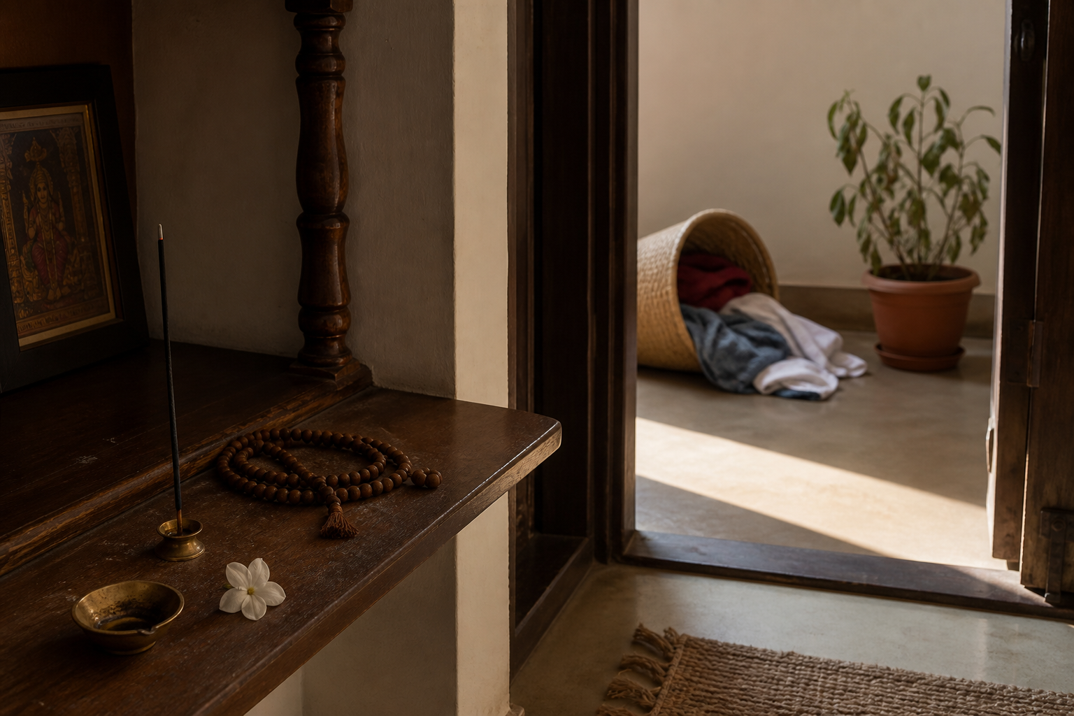 A prayer shelf with beads, a lamp, and a flower stands near an open doorway leading to unfinished laundry and an unwatered plant.