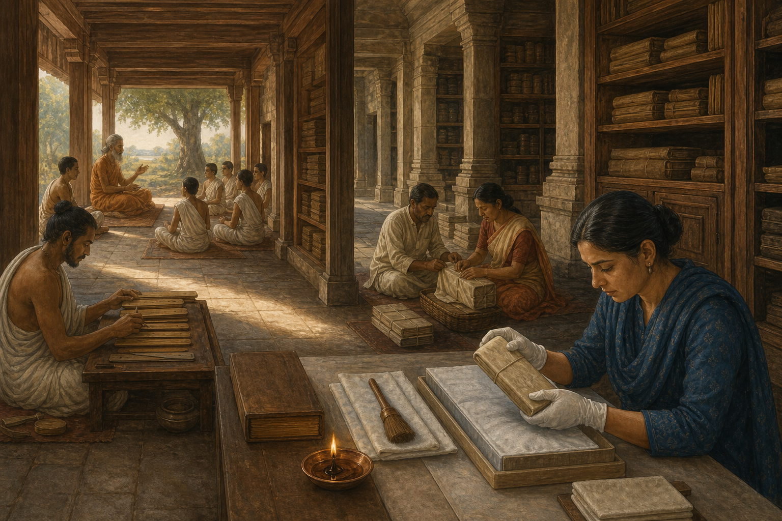 Teachers, scribes, manuscript caretakers, and a modern conservator occupy a continuous library setting that transitions across historical periods.