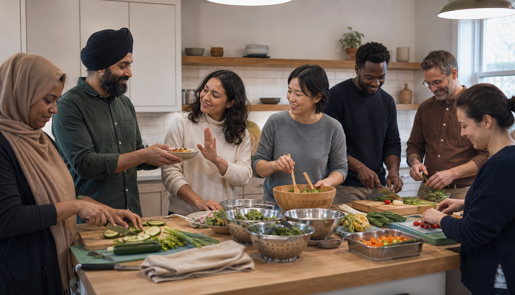 Adults in varied clothing prepare a communal meal together in a bright kitchen while using separate utensils and respecting a politely declined dish.