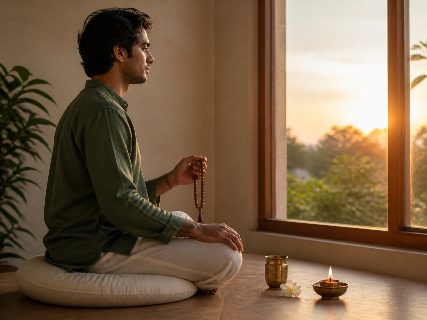 A practitioner sits with prayer beads beside a simple arrangement of a meditation cushion, water, one flower, and a lit brass lamp.