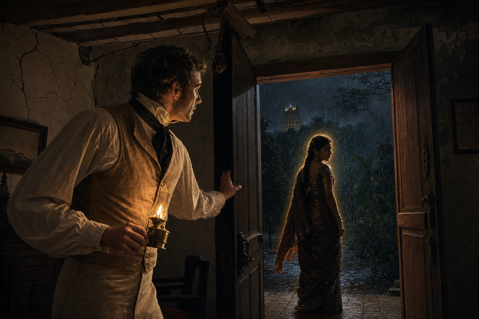 A British Collector opens his bungalow door at midnight to a Tamil girl standing in monsoon rain, while an oil lamp illuminates cracks inside the building.