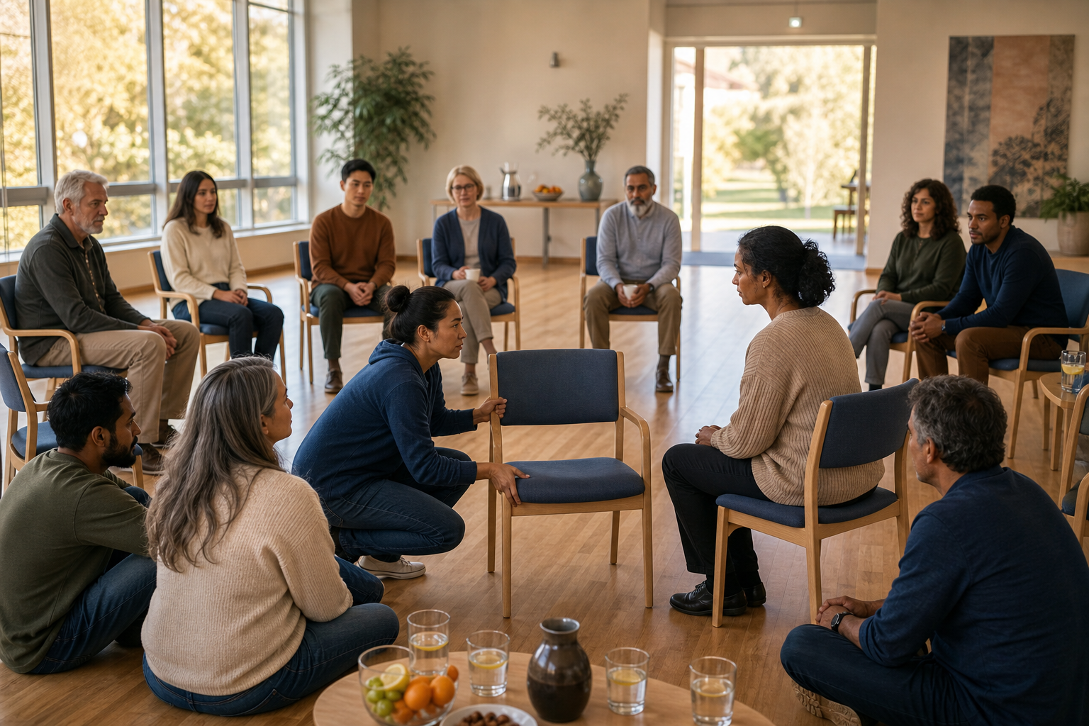 People meet in an accessible community hall with identical chairs arranged in a circle as one person returns a displaced chair during a facilitated conversation.