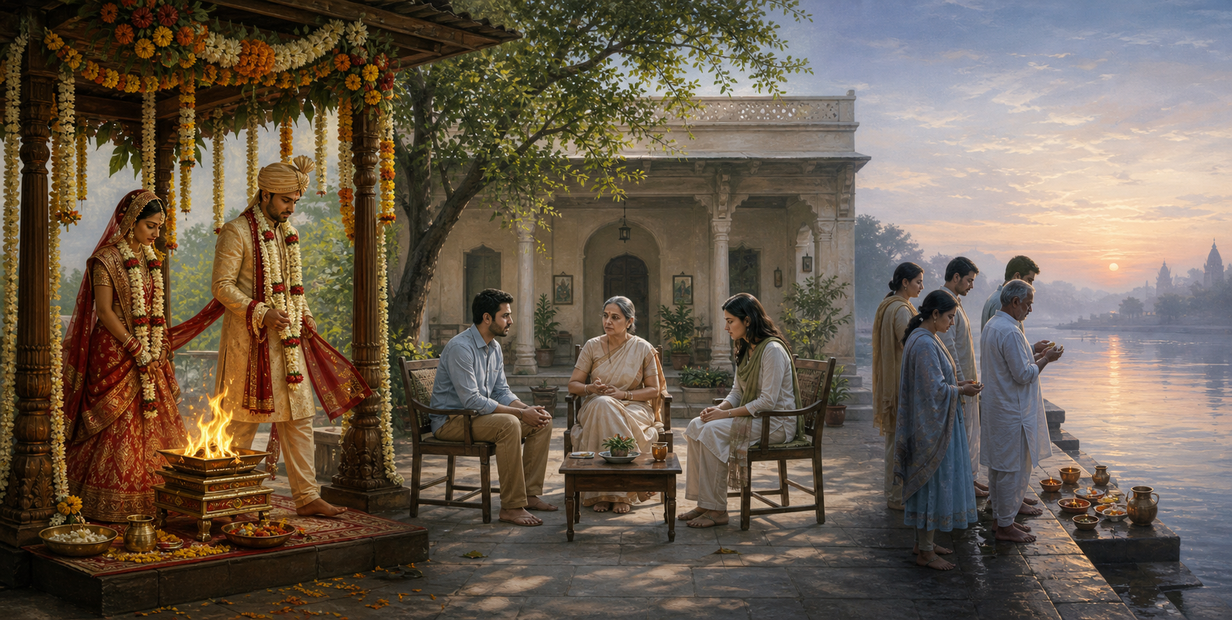 Three separate scenes show a Hindu wedding around a sacred fire, two adults meeting with an elder during a separation, and mourners performing rites beside a river.