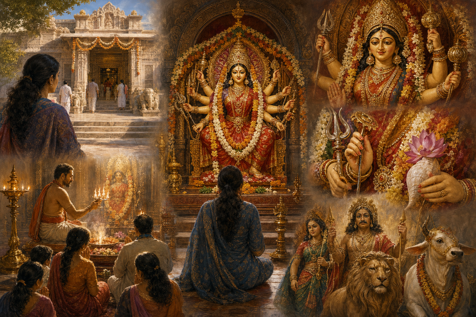 Five connected scenes show a visitor observing a temple setting, a goddess's form, her hand-held objects, surrounding beings, and an active ritual.