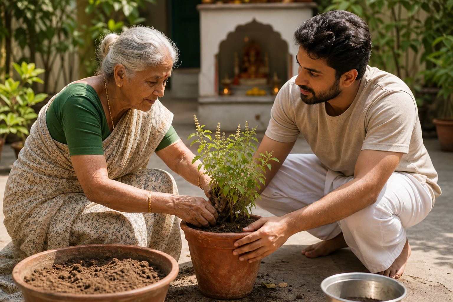An adult and an older family member work together to repot a tulsi plant in a sunlit household courtyard.
