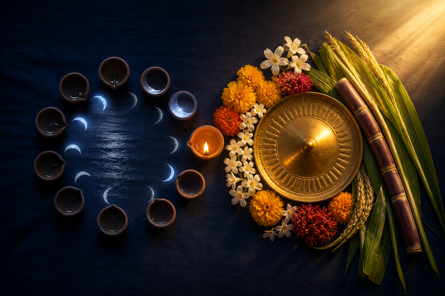 A shared oil lamp joins a moonlit arrangement of clay lamps on one side and a sunlit arrangement of flowers and brass objects on the other.