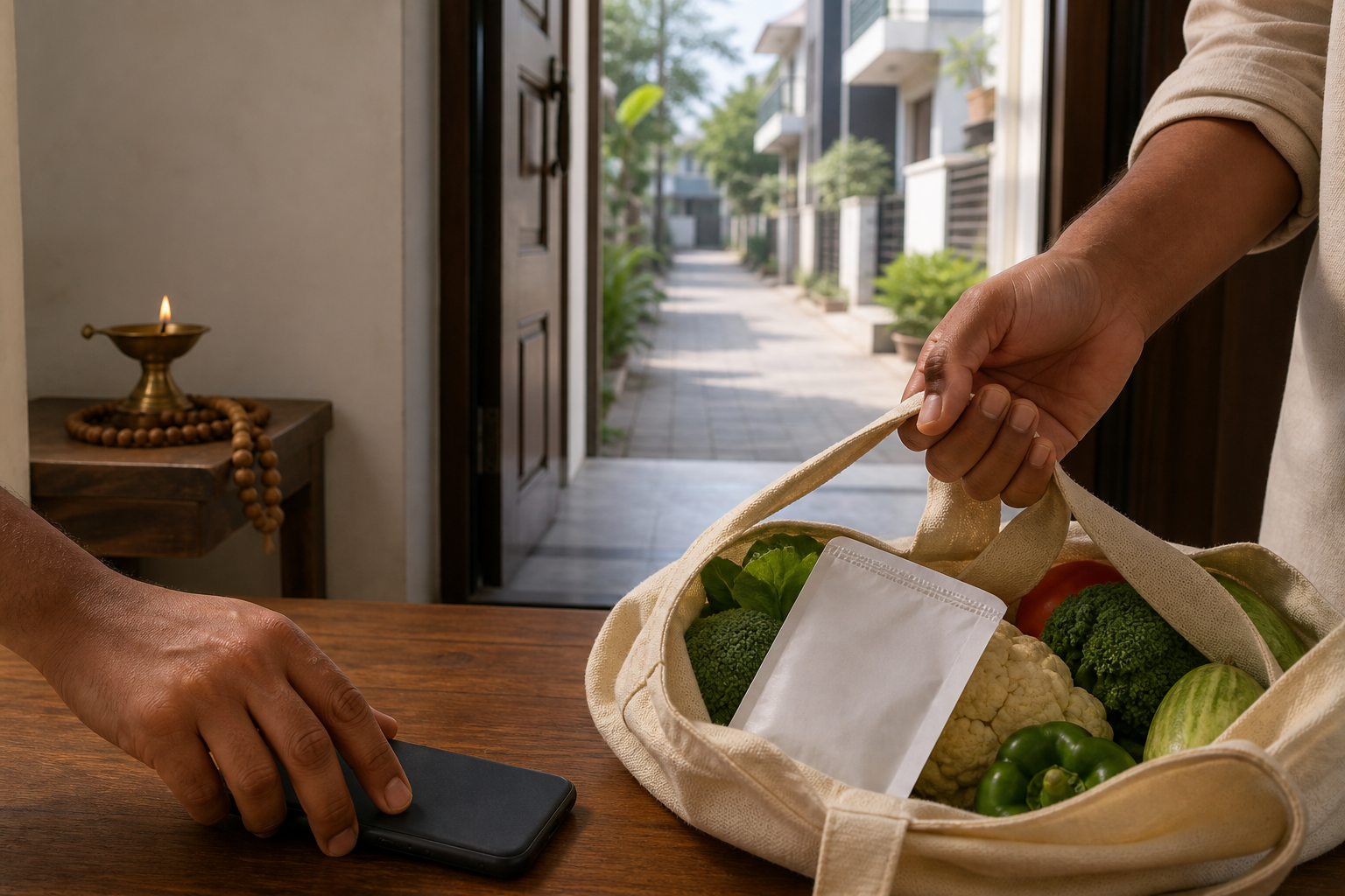 A person turns a phone face down and picks up a grocery bag near an open, sunlit doorway, with prayer beads and a brass lamp behind them.