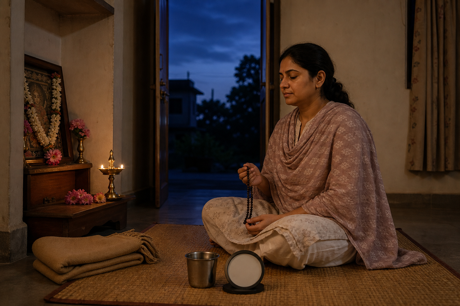 An adult devotee sits comfortably with prayer beads before a small lamp and flower offering at dawn, with a shawl and warm water nearby.