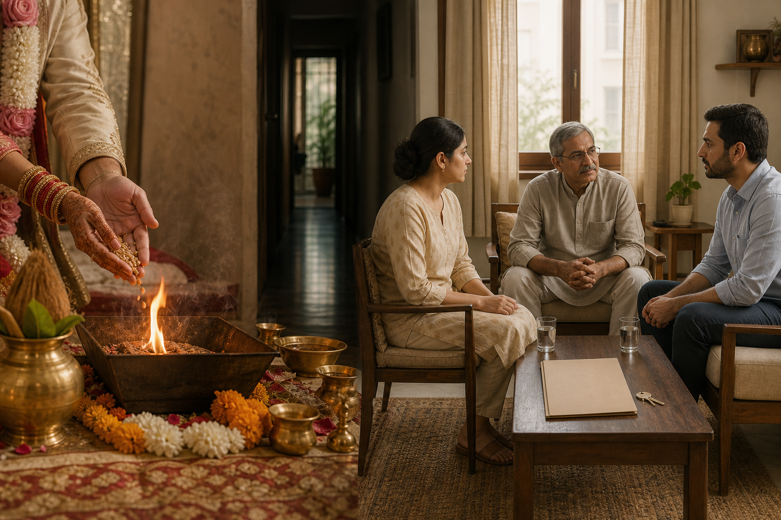 A sacred wedding offering is contrasted with two adults and an elder calmly discussing separation across a low table.