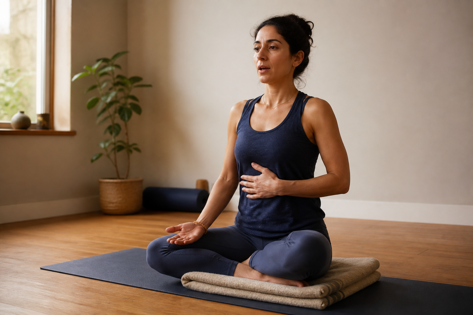 An adult sits comfortably on a folded blanket after yoga, with one hand near the lower ribs and relaxed lips suggesting a soft hum.