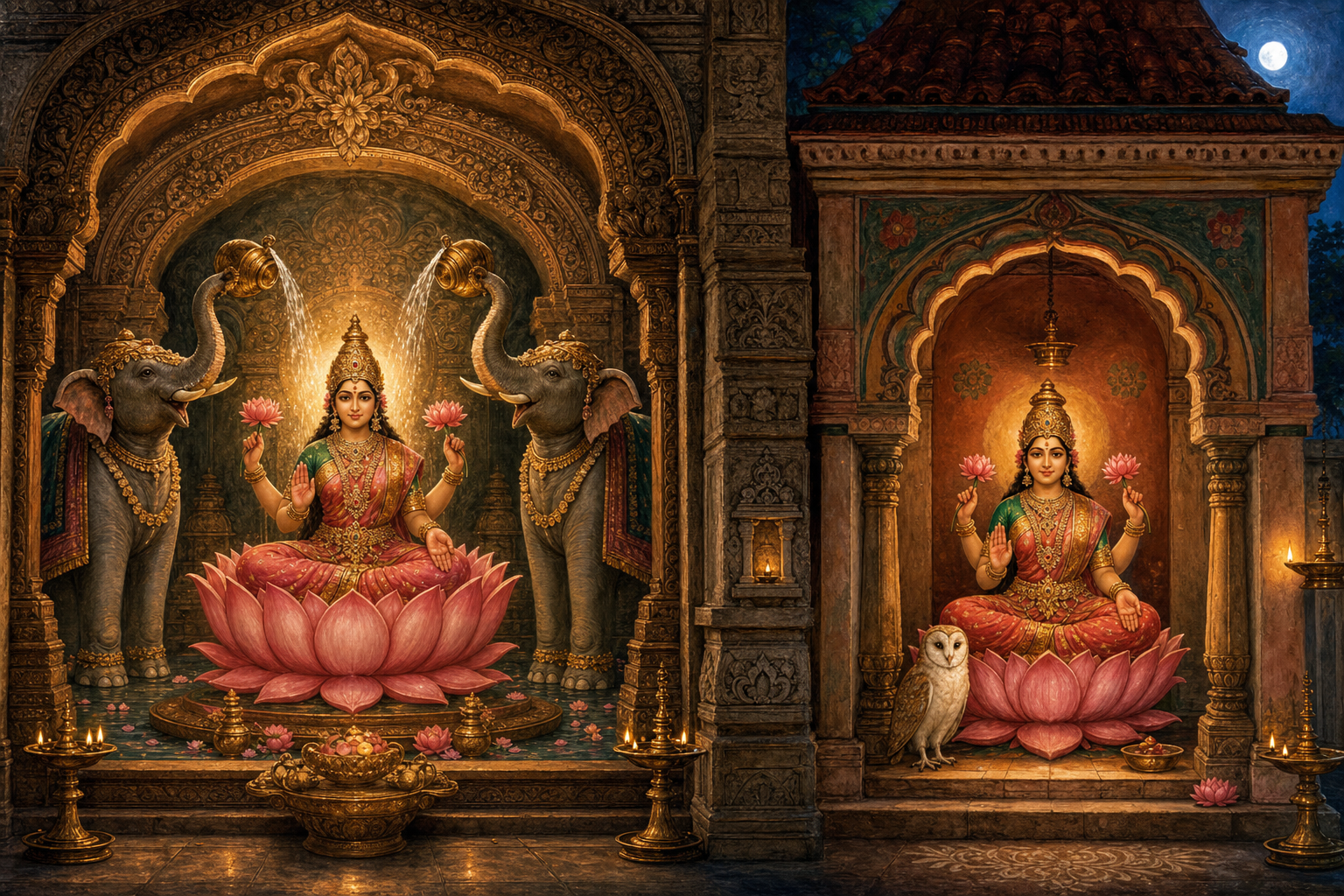 Two shrine scenes show Lakshmi flanked by water-pouring elephants in one setting and accompanied by an owl in another.