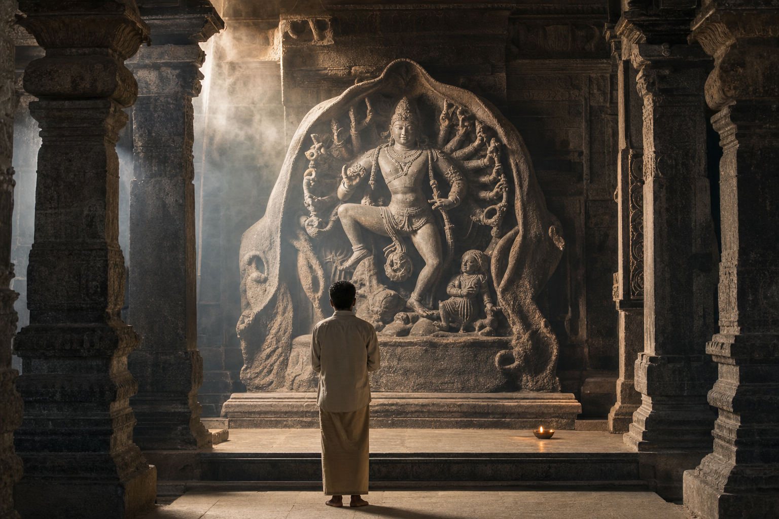 A solitary visitor stands in contemplation before a sunlit Gajasurasamhara relief in a stone temple hall.