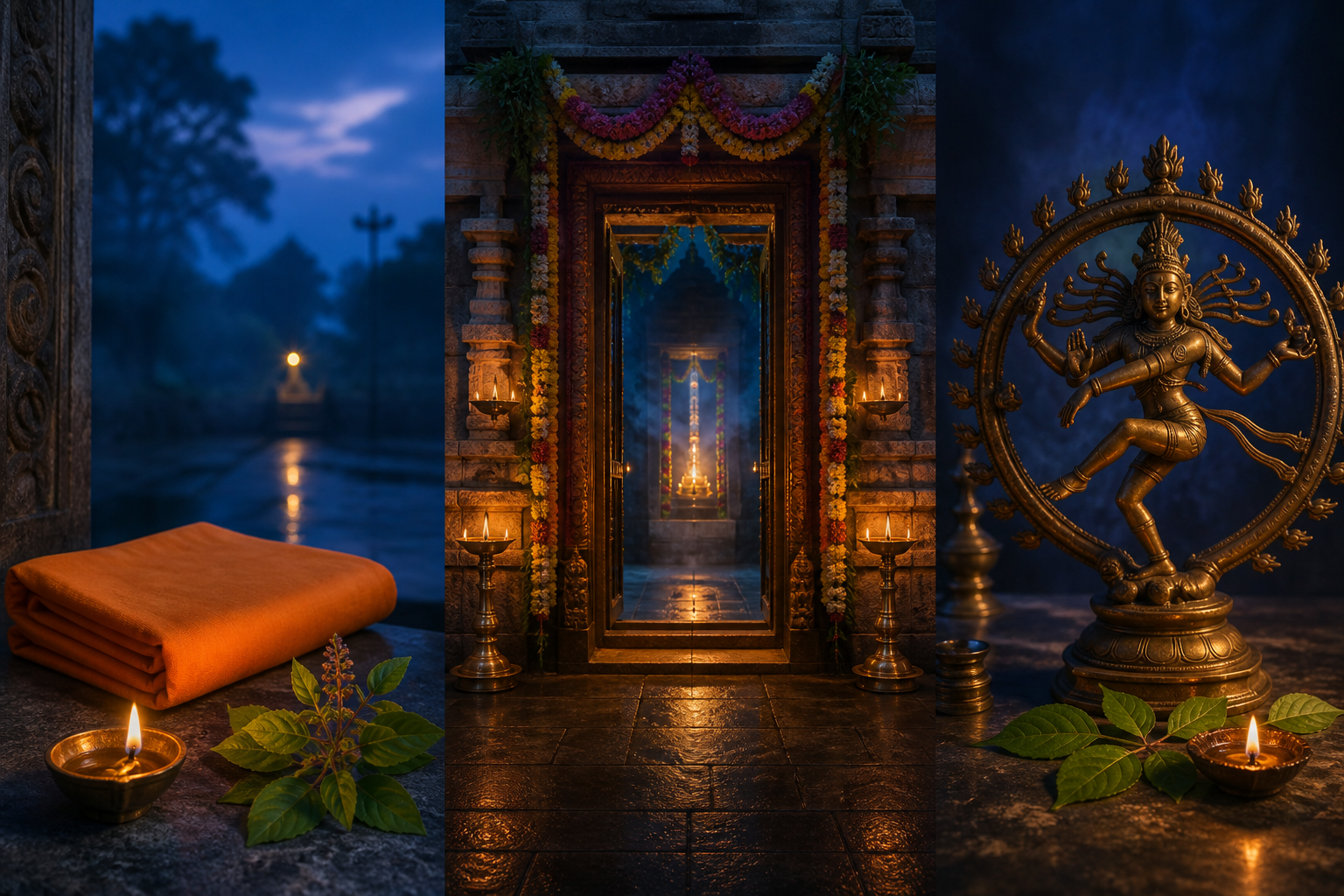Three separate devotional settings show a wrapped sacred book, a flower-decorated temple doorway, and a dancing Shiva figure with lamps and traditional offerings.