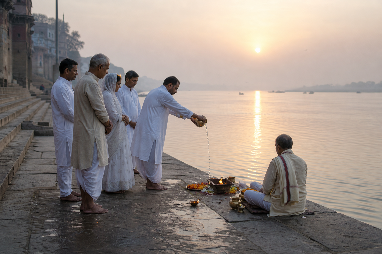 Family members and a priest perform a quiet Hindu death rite with water, lamps, flowers, and ritual vessels beside a river at sunrise.