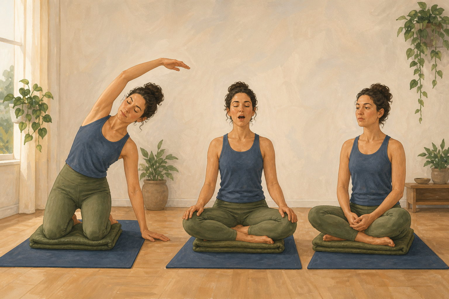 Three connected illustrations show the same adult moving from a supported kneeling stretch to seated mantra practice and then quiet seated observation.